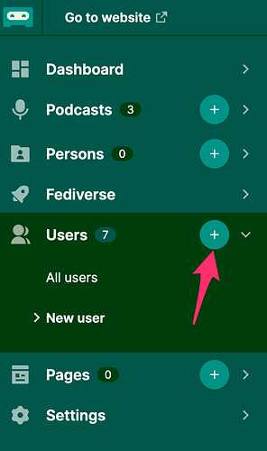 Left-hand menu with an arrow pointing to the + next to the Users item