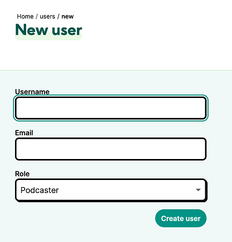 Page where a new user can be created
