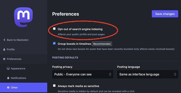 Screenshot of Mastodon User Preferences > Other Category on the CoSocial instance, red circle around "Opt-out of search engine indexing"